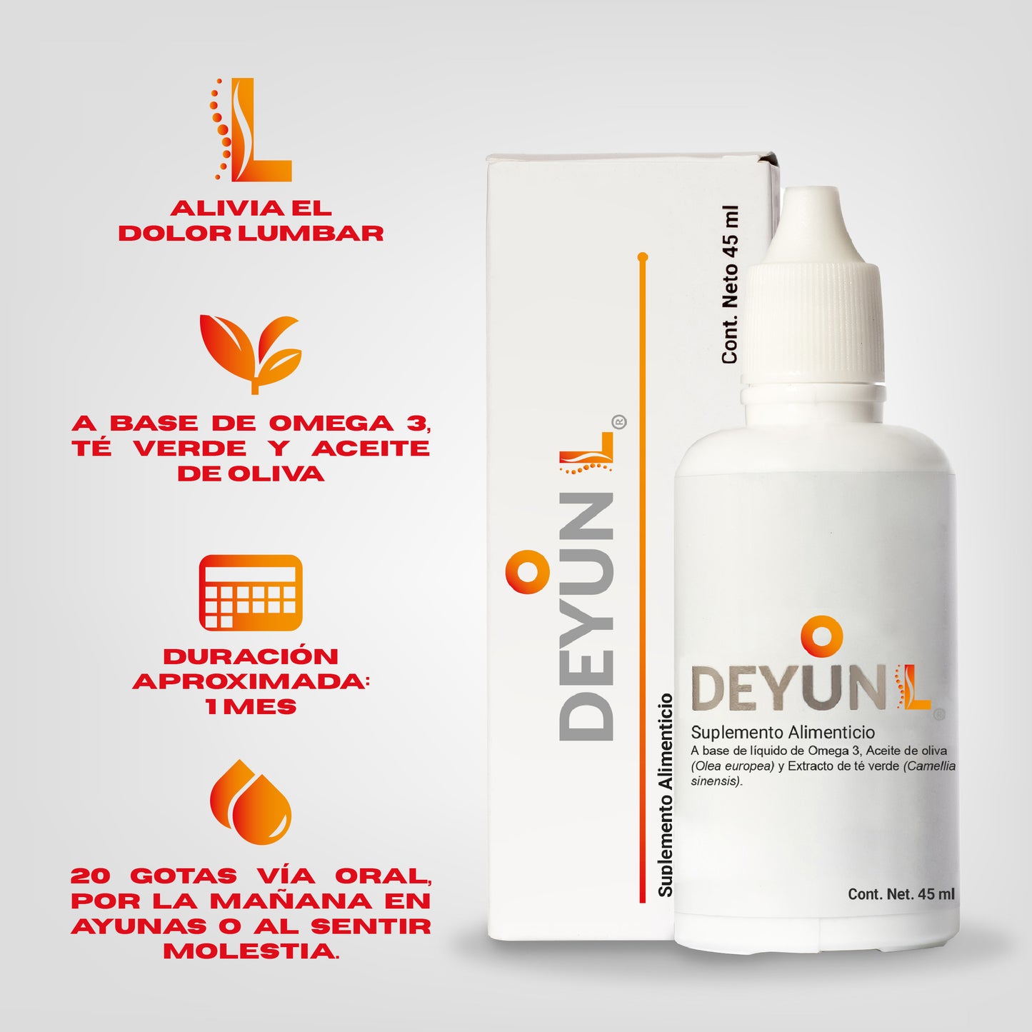 Imagen de Deyun L con mensaje de alivio para el dolor lumbar, mostrando el frasco y tecnología LHD