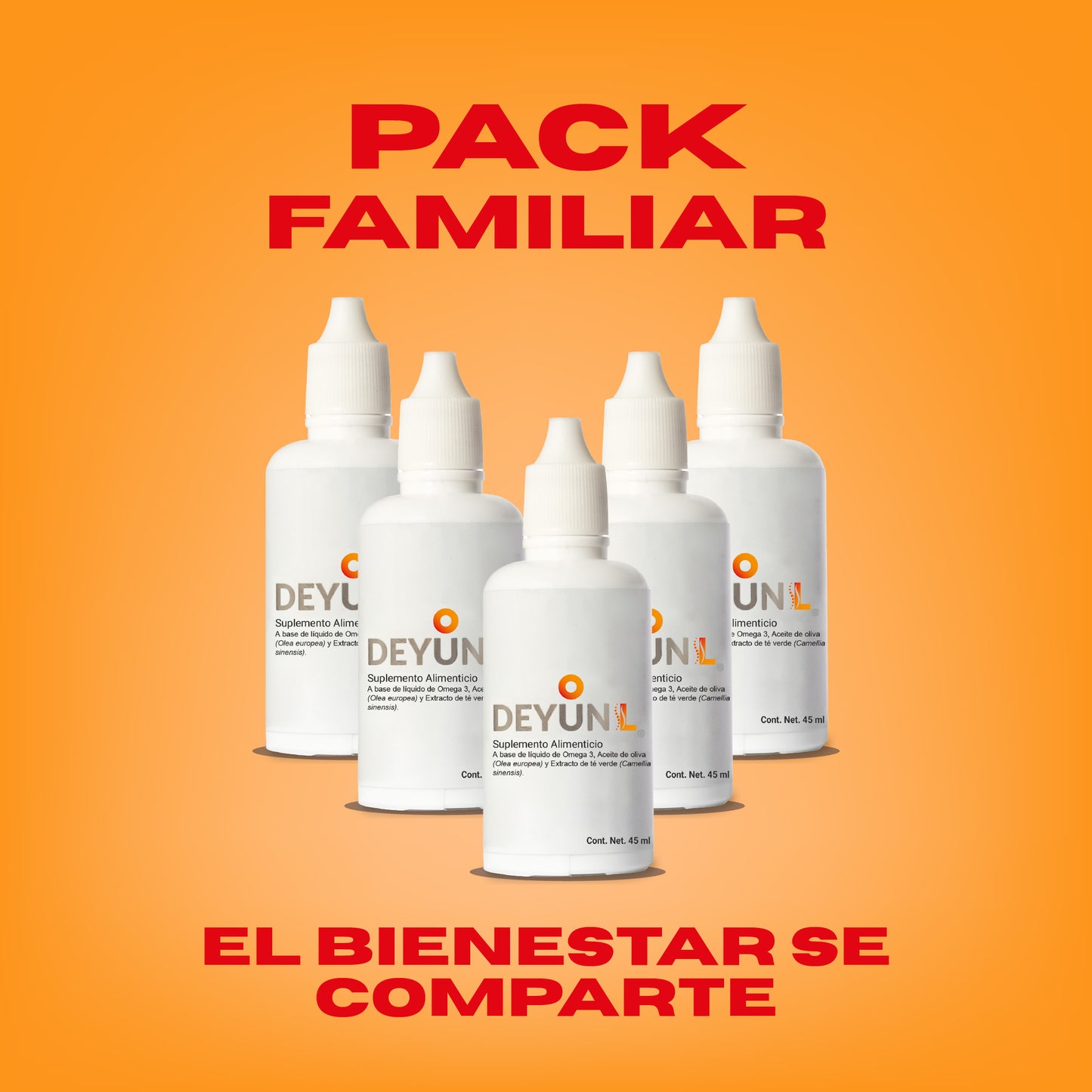 Imagen del Pack Familiar de Deyun L con 5 frascos, ideal para compartir bienestar y aliviar el dolor lumbar de forma natural a familiares y amigos