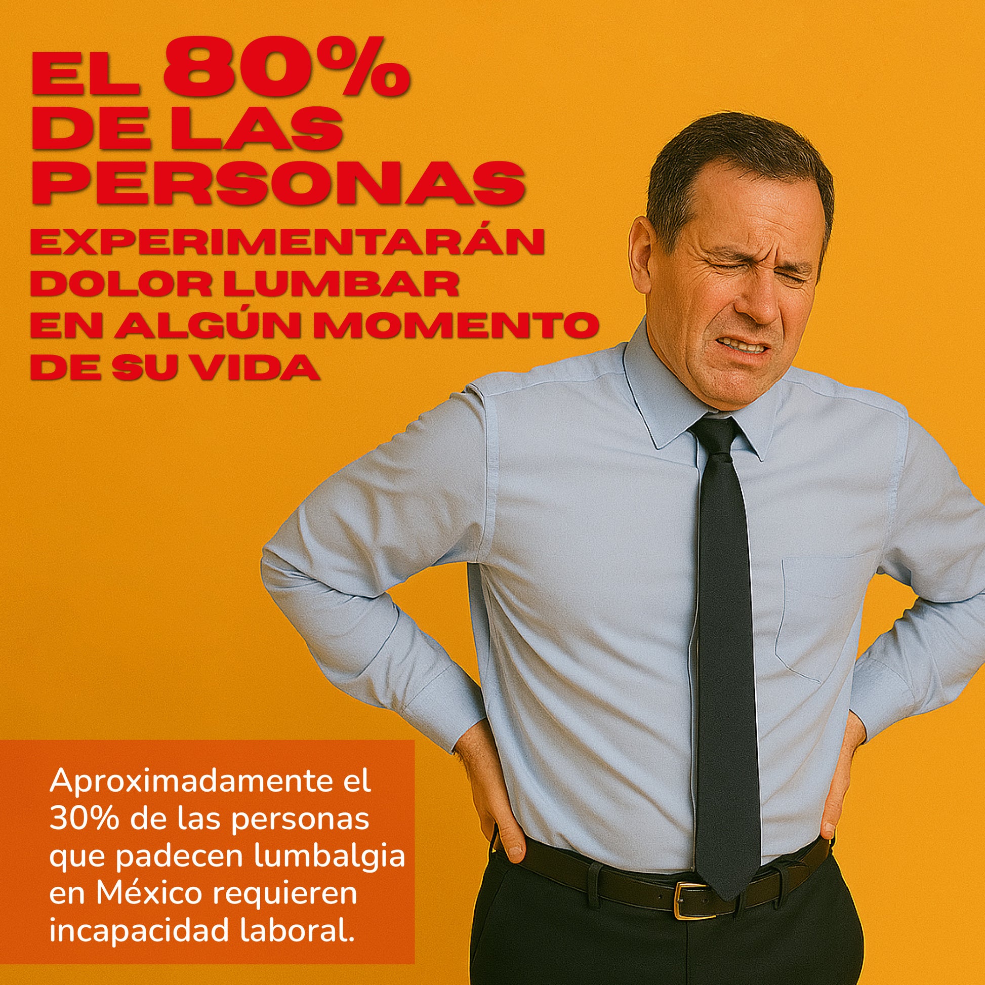 Hombre con dolor lumbar acompañado de datos estadísticos sobre la lumbalgia y su impacto laboral en México en los ultimos tiempos
